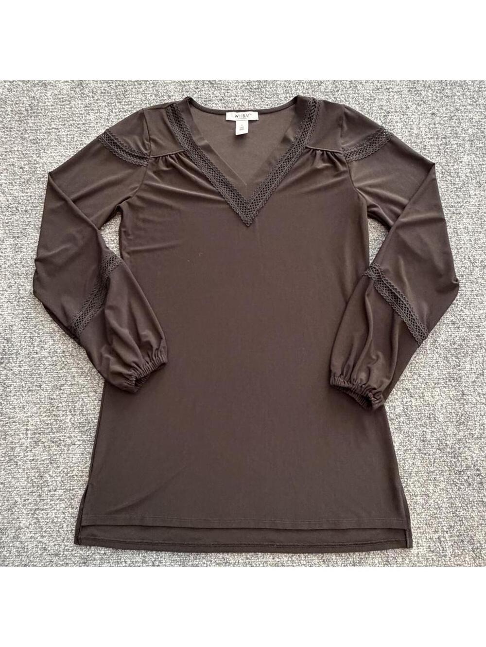 White House black market black long sleeve blouse with lace trim, size Small